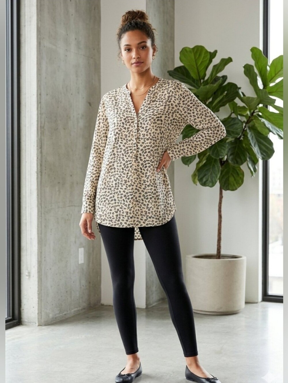 Zac & Rachel Cream & Black Leopard Print Long Sleeve Blouse